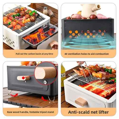 Imagen 2 del producto Parrilla de Carbón Portátil para Exteriores, Estufa Cuadrada para Té, Barbacoa para Camping y Terraza, Accesorios para Barbacoa, Equipo de Camping