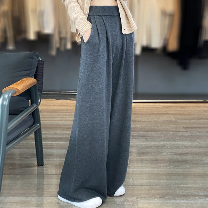 WinvyNee 2024 New Merino Wool Pants Ladies High Waist Wide Casual Knitted Leg Pants Trousers Loose Women Pants Clothing D1077009