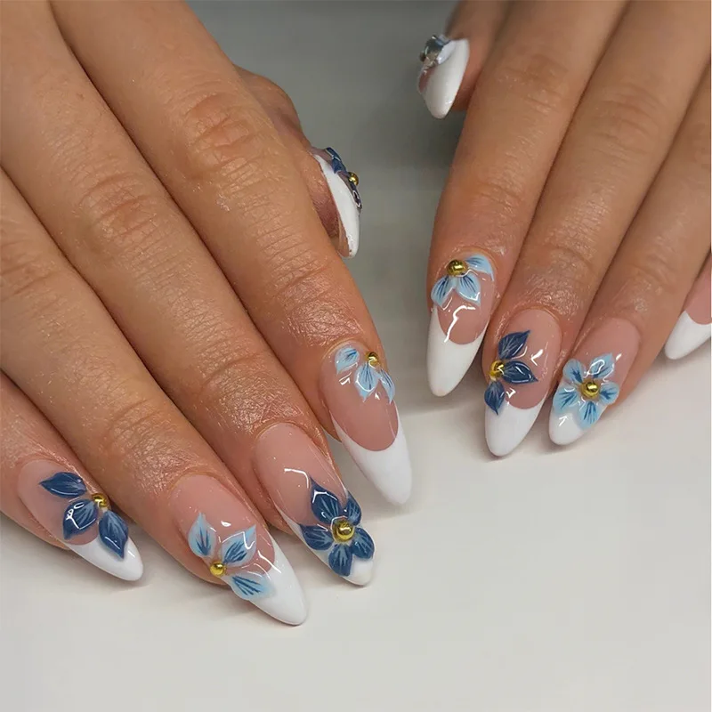 

24 Pcs European Style Almond Press on Nails, Summer White French with Blue Flowers, Full Cover
