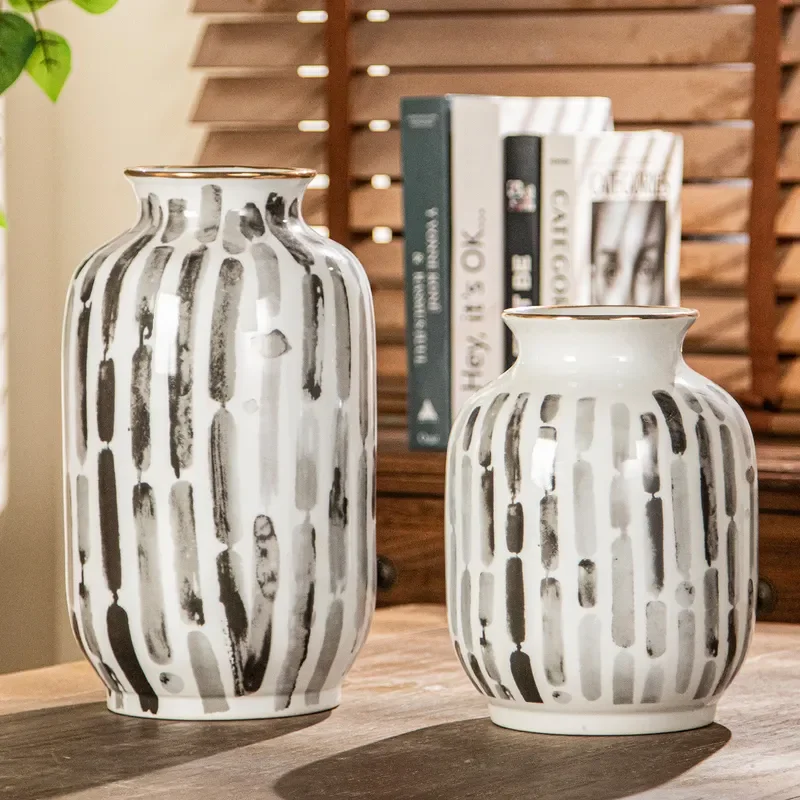 Gold Painted Light Luxury Black and White Striped Ceramic Vase Ornament for Model Room Living Room Dining Table TV Cabinet