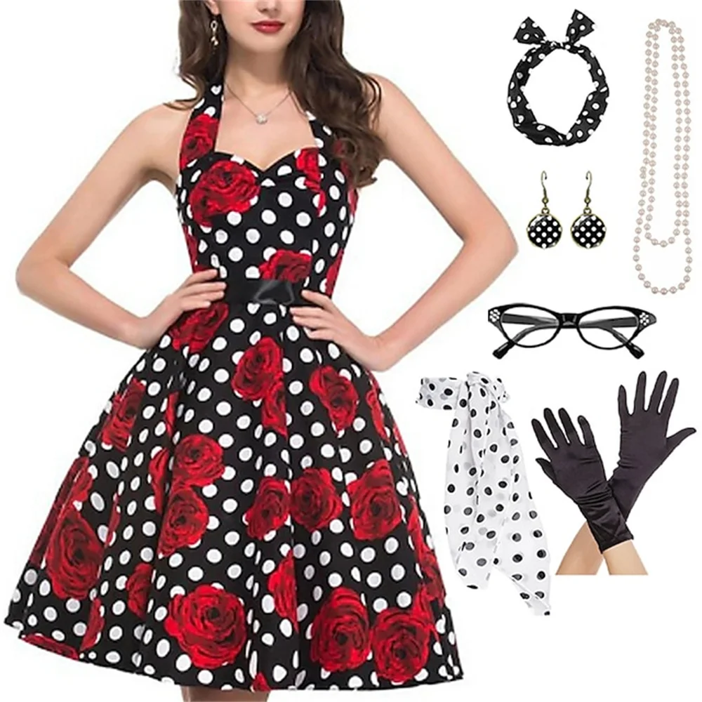 Vintage 1950s Rockabilly ALine Dress with accesories Hepburn Wind Retro Women\'s Cosplay Costume Party Evening Masquerade Dress