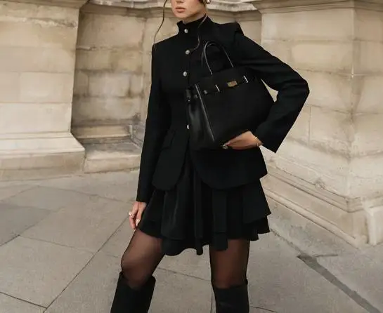 

2025 Autumn New Stand Up Collar Slim Button Suit Jacket and A-Line Cake Skirt Set for Women, Fashionable and Elegant 2-Piece Set