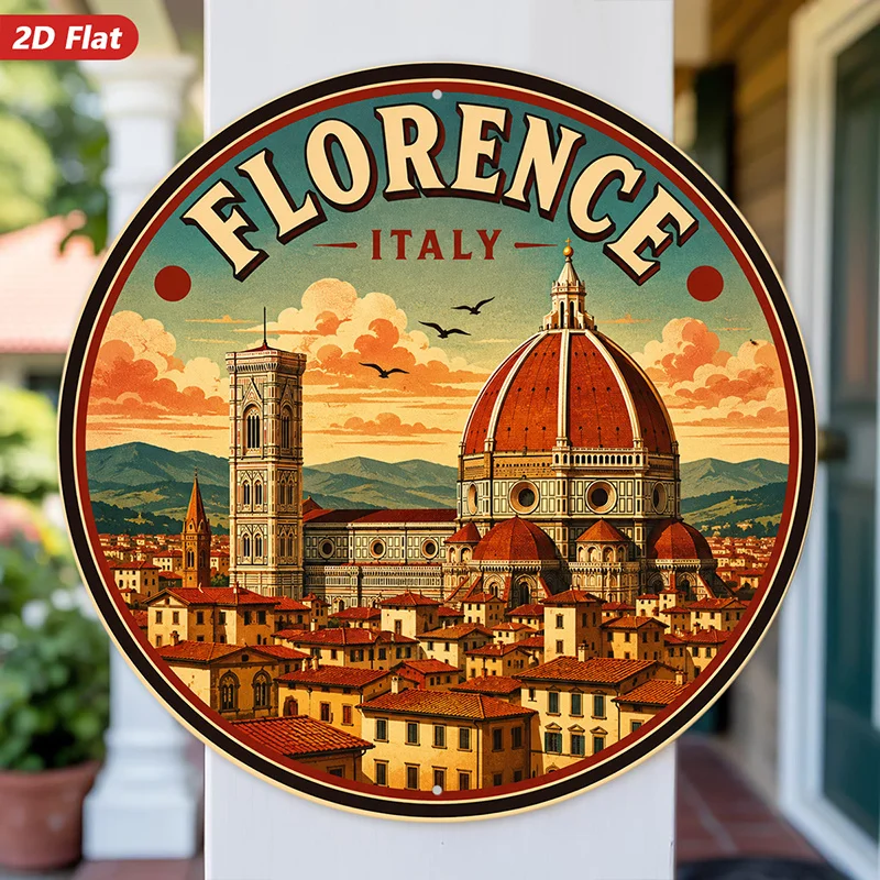 2D Flat, 1pc Round Metal Sign Wall Art, Florence Italy Home Decor, Circular Design, Cityscape Art, Vintage Style, Ideal for Livi
