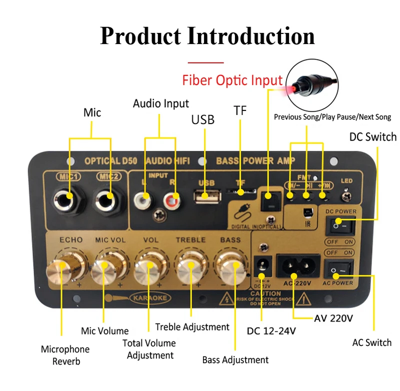 Woopker Bluetooth Audio Amplifier Board D50 Dual Microphone Jacks with Optical Input DIY for karaoke Home Car DC12-24V AC 220V