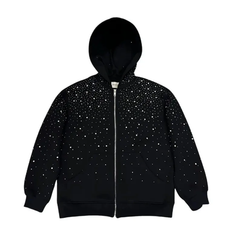 Y2K Gothic Bling Strass Reißverschluss-Hoodie Unisex Sternenhimmel Vollbesetzter Kapuzenpullover mit Reißverschluss Alt Streetwear – Detail 2