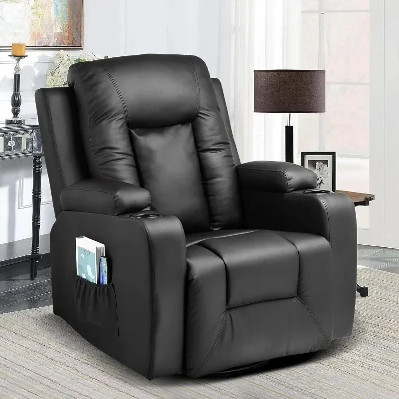 

zz Leather Recliner Chair Rocker with Heated Massage Ergonomic Lounge 360 Degree Swivel Single Sofa Seat Drink Holders