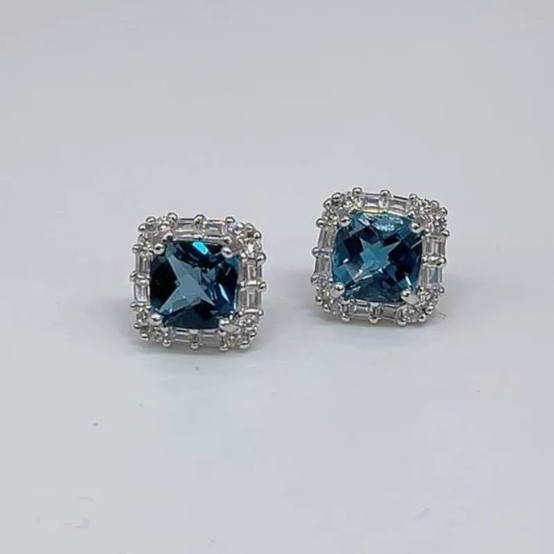 SACE GEMS 925 Sterling Silver Earrings for Women 7*7MM Natual London Blue Topaz Stud Earrings Engagement Cocktail Fine Jewelry