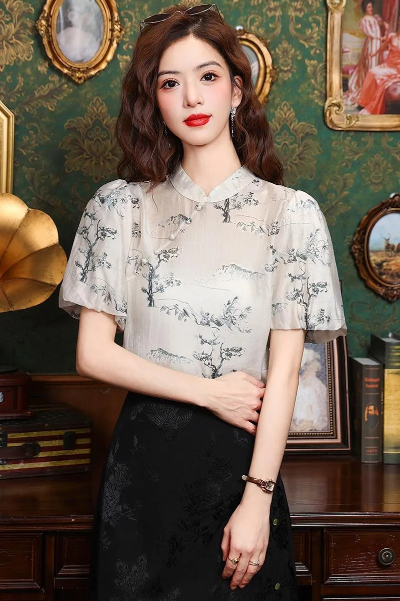 Chiffon Chinesischen Stil frauen Hemd Sommer Drucke Vintage Blusen Lose Kurzarm Frauen Tops Mode Kleidung