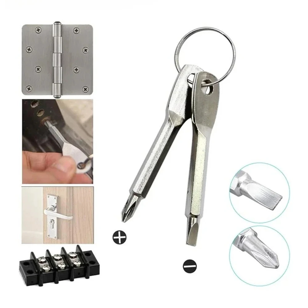

2pcs/1set Portable Multifunctional Screwdriver Set with Keyring - Metal Flathead and Phillips Head Screwdrivers for Outdoor Use