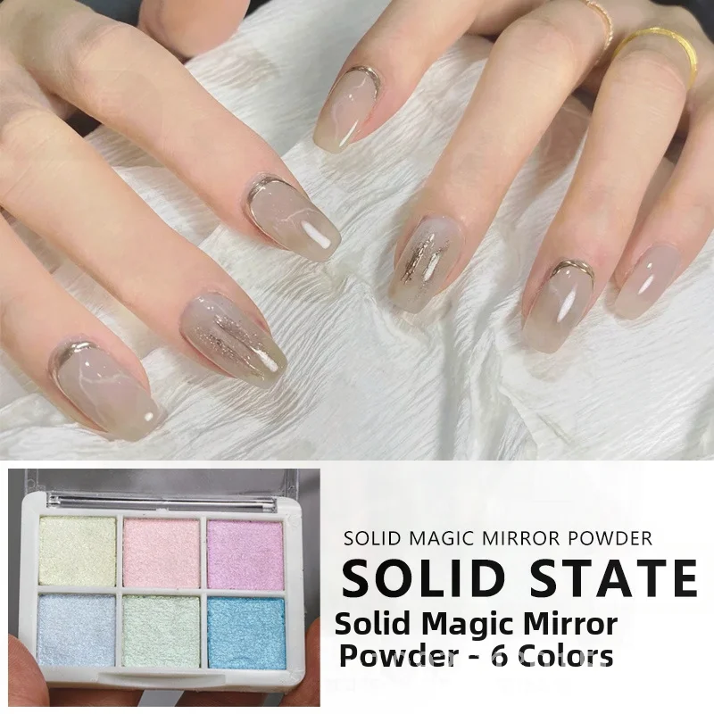 Conjunto de 6 cores de pó espelhado mágico sólido, sombra de olhos super brilhante para arte em unhas, aurora, gancho, ondulação de água, farinha dourada com esponja
