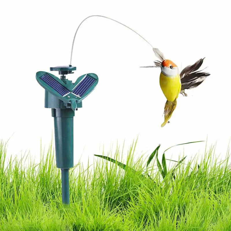 Colibrì solare che vola con ali e coda di piume artificiali che volano divertente giocattolo solare o alimentato a batteria per palo da giardino