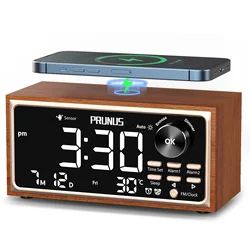 Retro Vintage Dual Alarm Clock Radio FM 15W Fast Wireless Charging LED Display Dimmer Control Auto-Dimming Retro Clock Bedroom