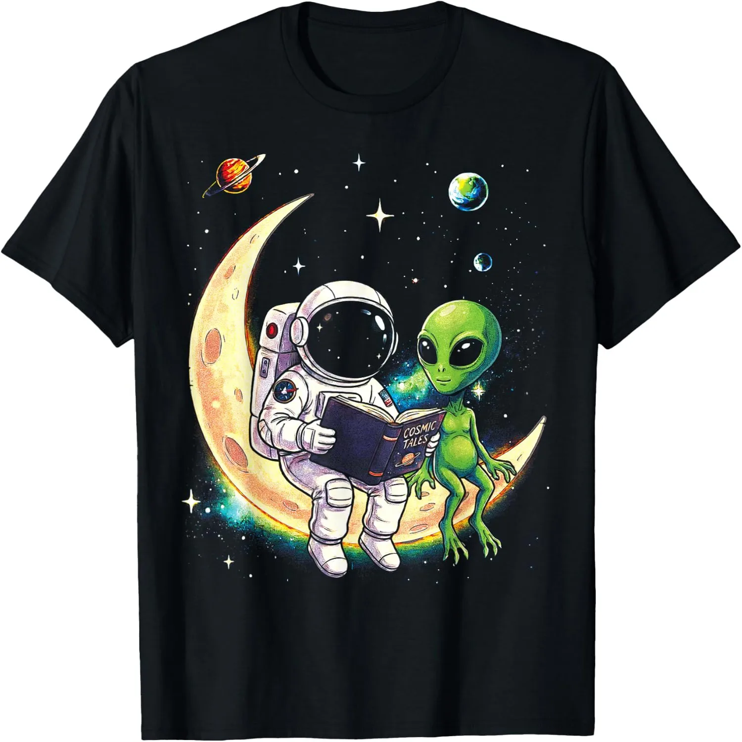Astronaut Reading Book to Alien Moon Space Astronomy Galaxy T-Shirt 100% cotton short sleeve tee