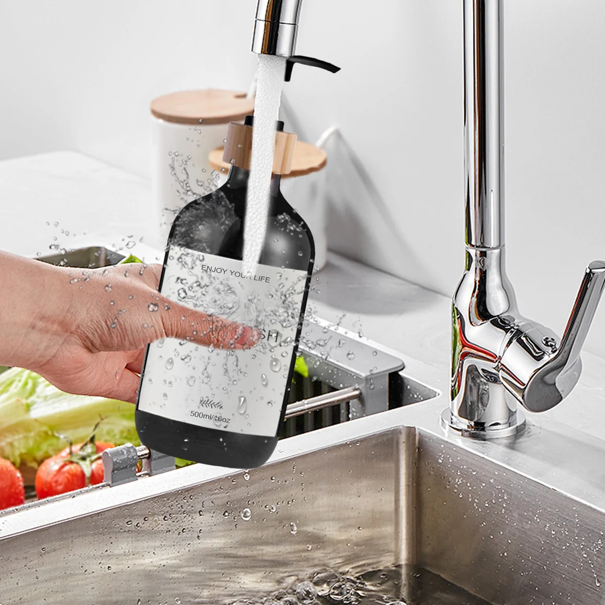 Kitchen Sink Decoration Dishes Soap Bottle with Waterproof Labels Countertop Hand Dish Dispenser Empty Refillable Pump Bottle