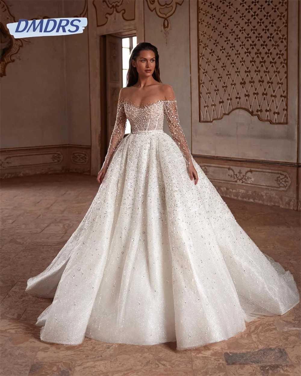 Luxury a Line Wedding Dresses Sexy Illusion Neck Long Sleeves Bridal Gown Graceful Beads Pearls Sequins Designer Gowns