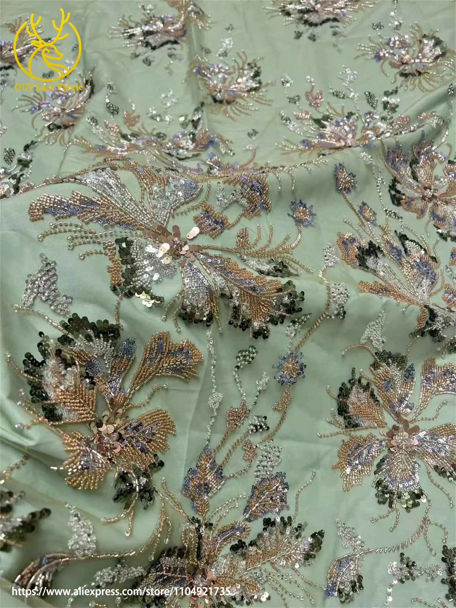 Afrikanischer Netz-Stickerei-Pailletten-Spitzenstoff 2026 Luxuriöser Französischer Tüll Perlenbesetzter Stoff für Damen-Partykleider Nähstoff 5 Yards – Detail 20