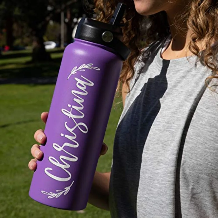 Personalized Water Bottle w/Straw Lid, Double-Wall Insulated - 12 Designs - 8 Colors Custom Water Bottle w Name, Text - Double