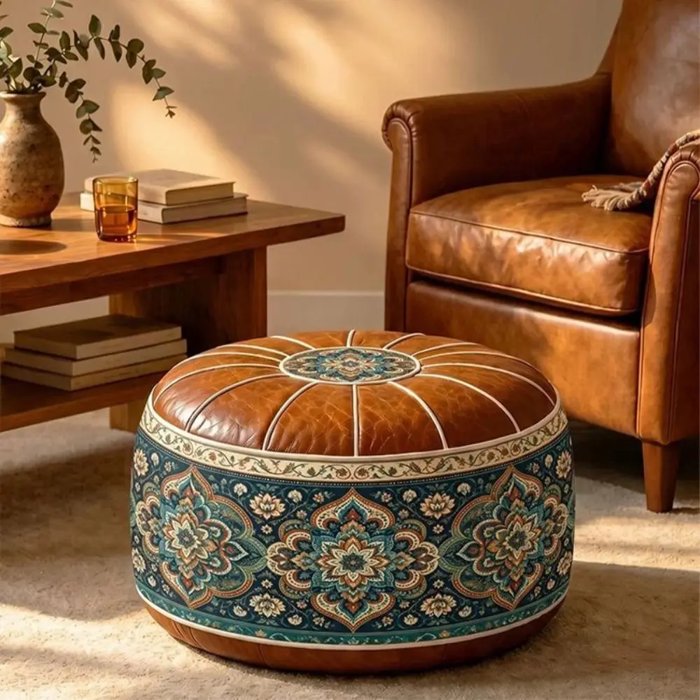 PU Leather Fillable Ottoman Pouf Round Shape Embroidered Pattern Round Pouf Cover Moroccan Style Floor Seat Cushion Living Room