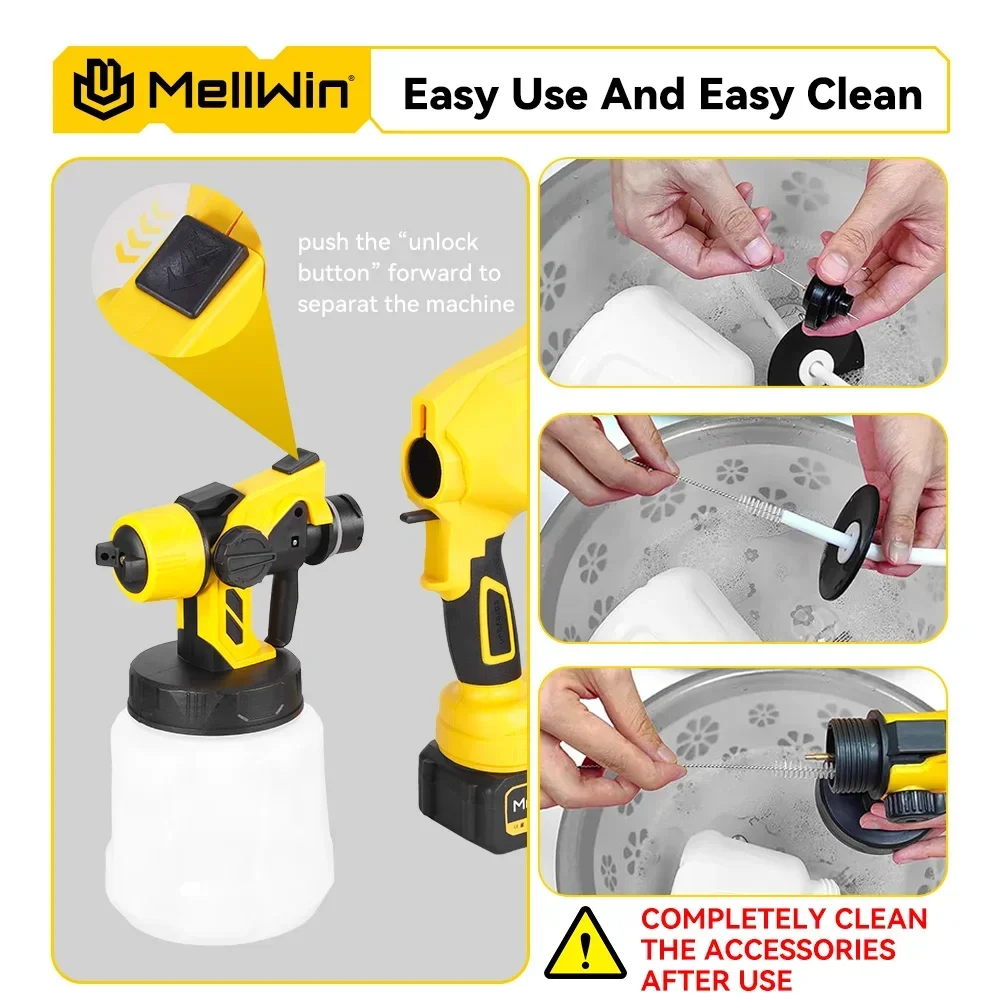 MELLWIN Kabelloser Elektrischer Farbsprüher 1200ML HVLP Tragbare Airless-Spritzpistole 42000 U/min 1500CC/Min Farbsprüher mit Leistungsanzeige für Haus, Auto, Möbel, Stahlbeschichtung für Makita 18V Akku – Detail 9