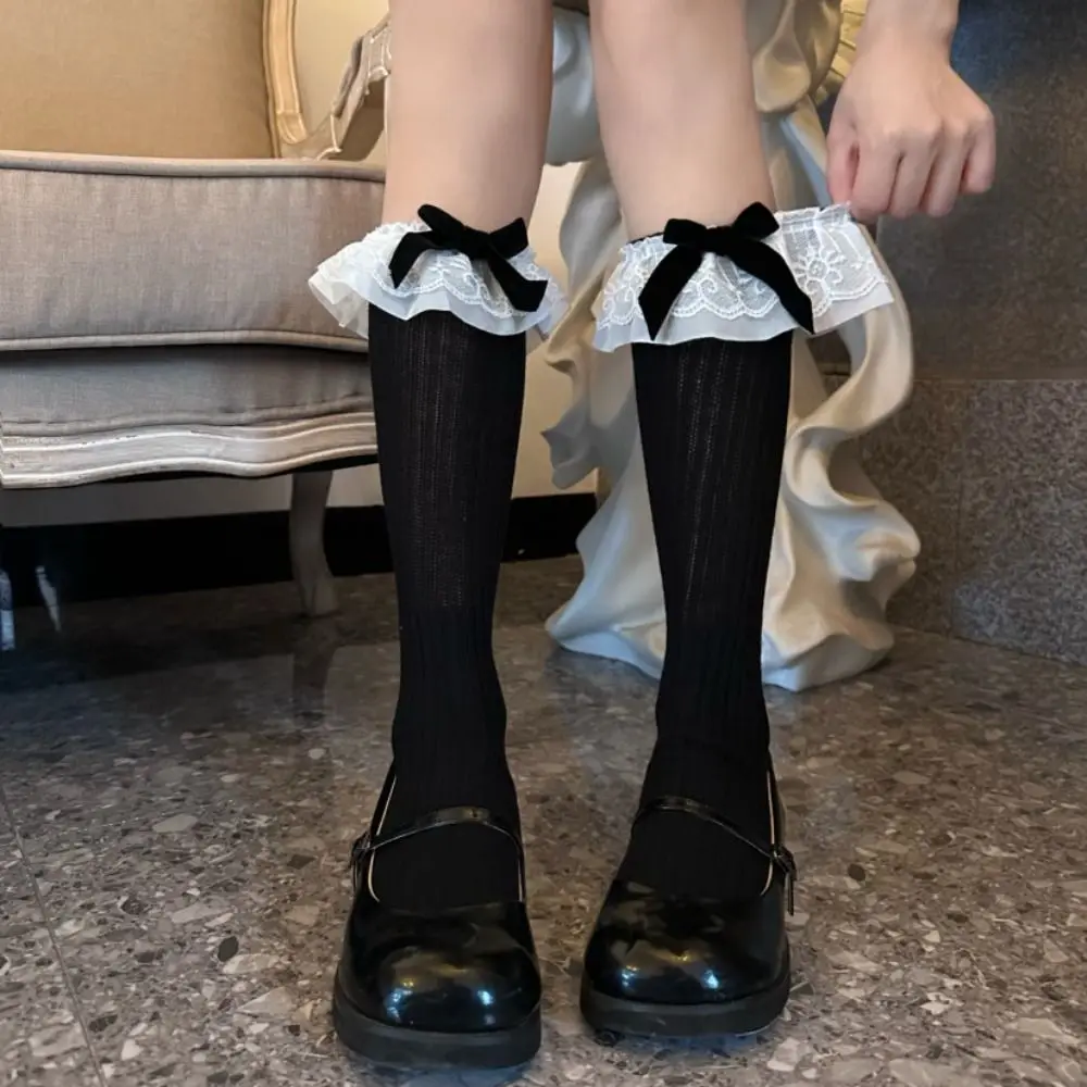 Medias femeninas calcetines sueltos con volantes de encaje Patchwork Lolita calcetines tejidos a media pantorrilla JK Bowknot calcetines de tubo de algodón uniforme