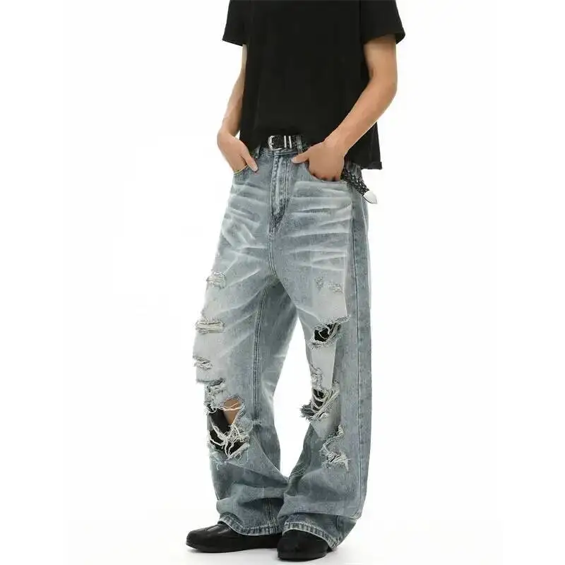 Men's High Street Hand Washed Distressed Ripped Straight Leg Jeans Loose Fit Wide Leg Hold Design Denim Long Pants JGFA