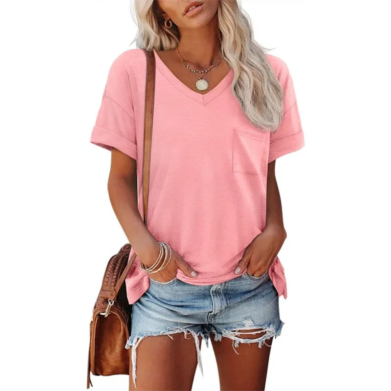 

2025 New Women's Solid Color Pocket Short Sleeve-Shirt Top