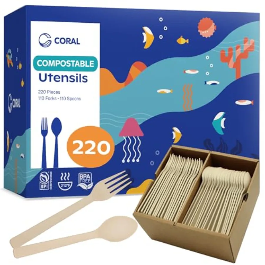 Compostable Spoons Set - 220 Pieces - No Plastic Utensil 110, 110 Soup Spoons - Break Resistant with Smooth Edges, Ocean Friend