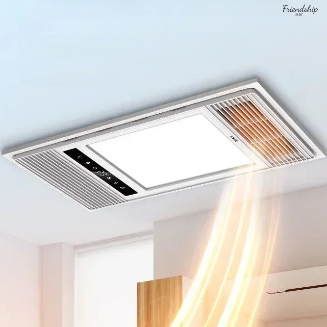 Bathroom exhaust fan with lighting. Integrated air heating. Integrated ceiling. LED heating light.