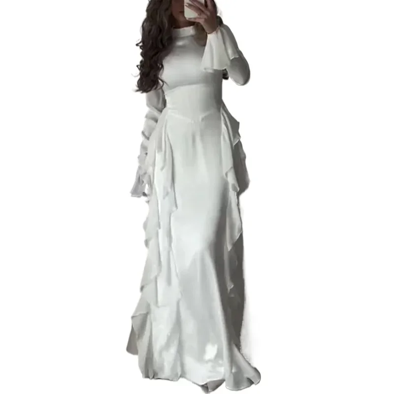 Autumn Women\'s Dresses Stand Collar Flared Sleeve High Waist Splicing Tie Adjustable Ruffle Design Female Fashion Trendy Dresses