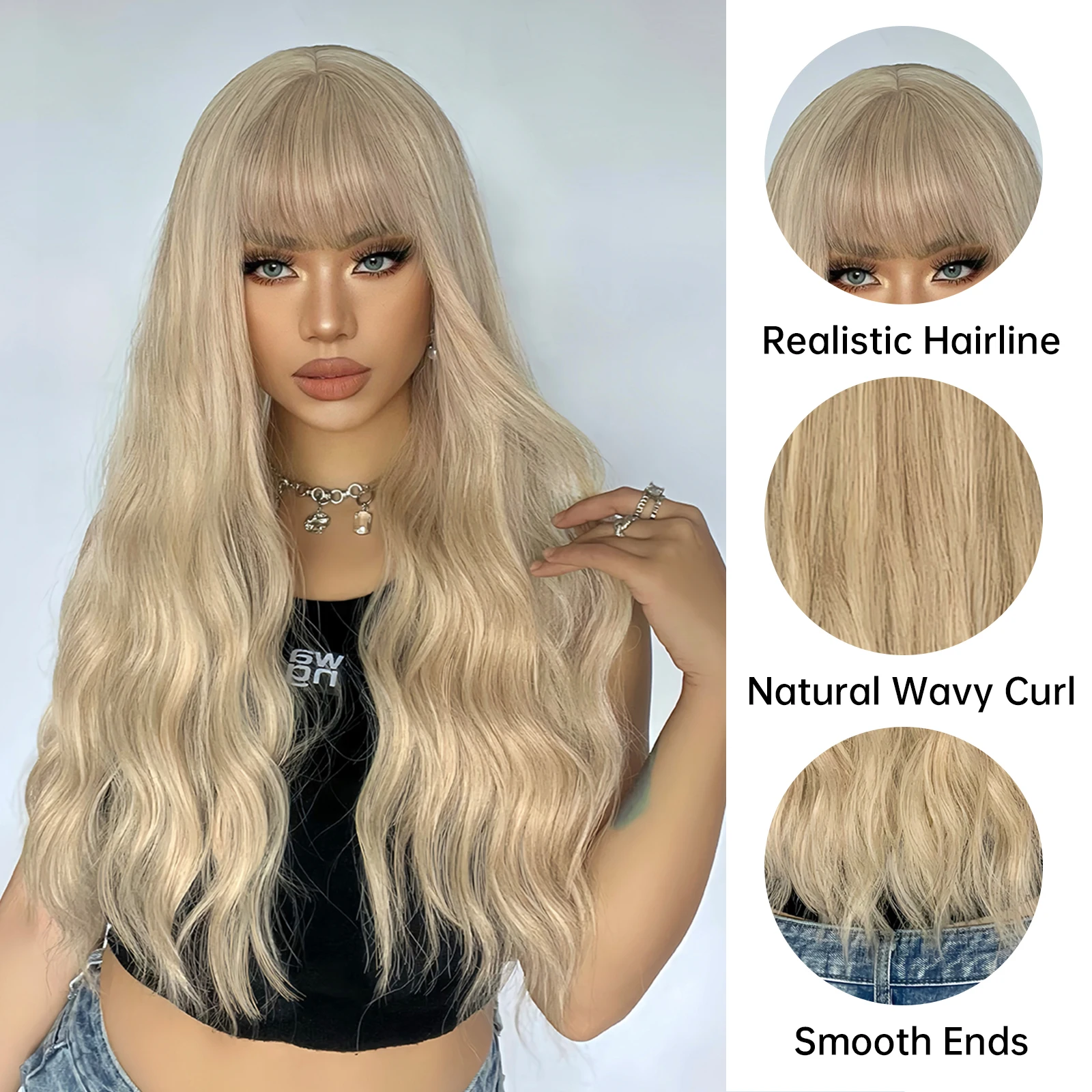 Blond długie kręcone peruki syntetyczne dla kobiet Jasnożółta peruka z naturalnymi włosami typu Body Wave do cosplay Włosy termoodporne z grzywką