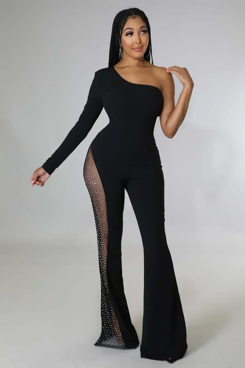 KEXU Short Sleeve One Shoulder Diamonds Mesh Patchwork Straight Wide Leg Women Jumpsuit  Sexy Playsuit One Piece Set