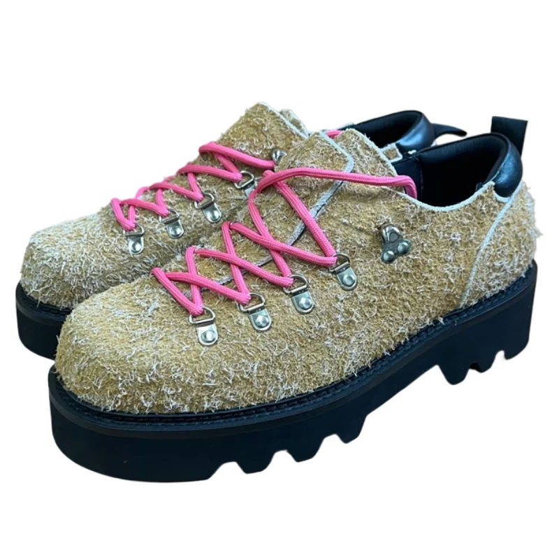 French Hand Sewn Snowflake Velvet Cowhide Outdoor Casual Shoes for Men's Wear-resistant Thick Soft Sole Height Increasing Shoes