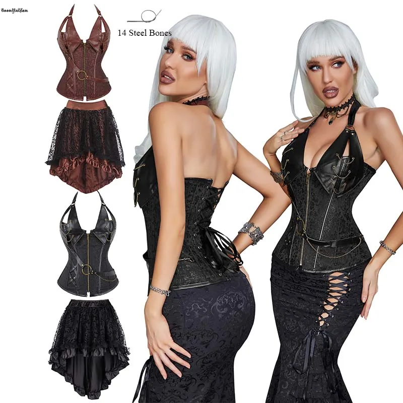 

Plus Size S-6XL 14 Robs Body Shapewear Halter Strap Women Bustier Top With Gothic Skirt Black Brown Leather Corset Dress