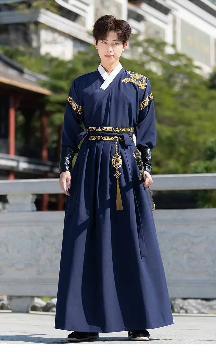 Chinese Traditional Hanfu Clothing for Men Ancient Swordsman Ethnic Blue Hanfu Outfit Han Dynasty Knight Performance Carnival view 6