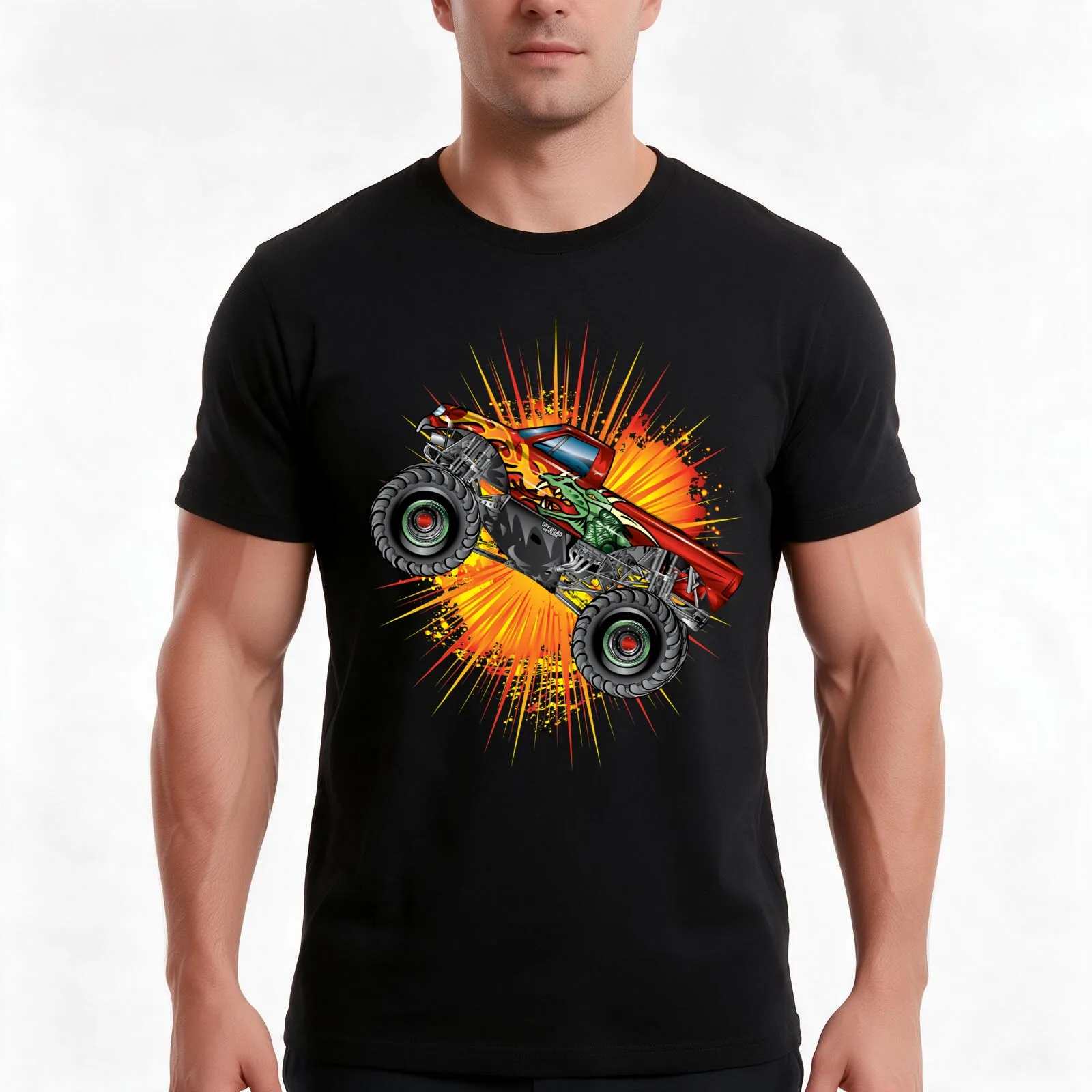 Monster Truck Dragon Explosion Stunt T-Shirt, Summer Casual Cotton Tee, Oversized Streetwear Tops, Vintage Graphic Print