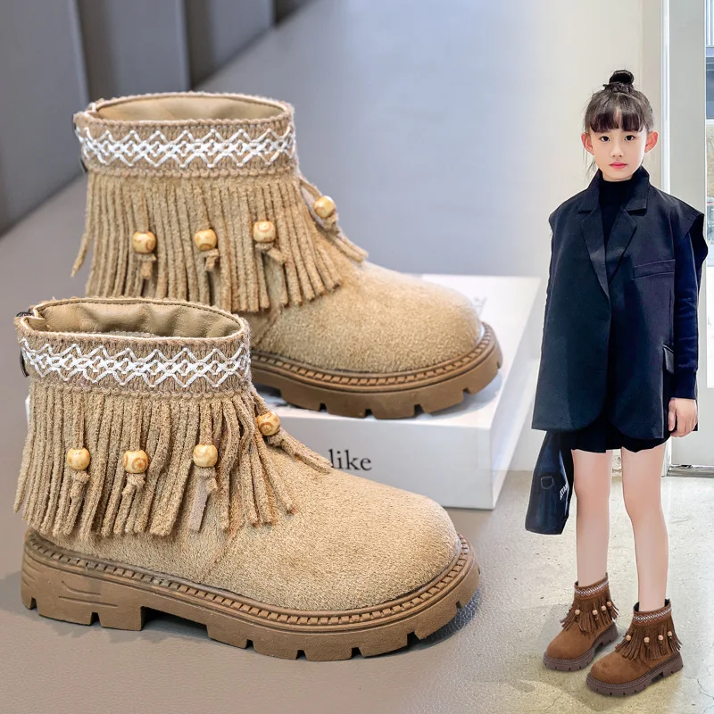 

Сапоги принцессы с кисточками для девочек, зима 2024, теплые полусапожки из флиса, нескользящая повседневная детская обувь на мягкой подошве