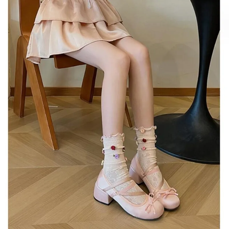 Chunky Heels Lolita Pumps Shoes Hot Brand Spring Summer French Style Elegance Women Pumps Lace Up Ballet Style Single Shoes