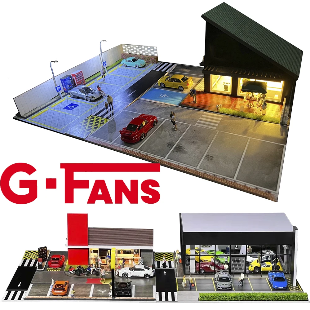 1:64 G FANS Car Garage Diorama Model With LED Lights Parking Lots City DIY Model Sets Can Be Combined with Cities