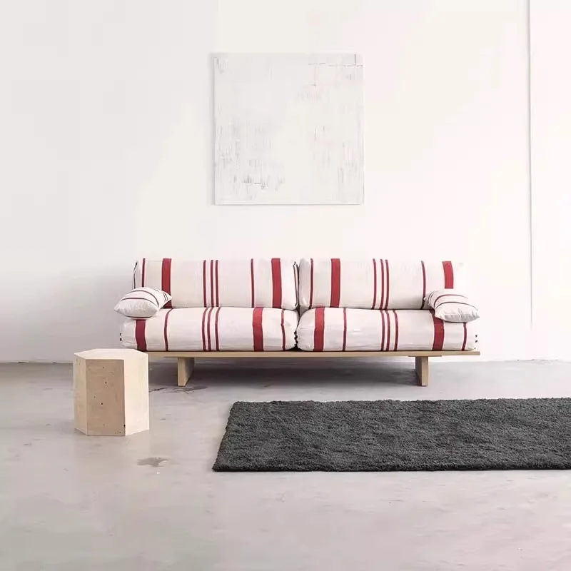 

wood sofa, living room, small apartment, straight row three-person retro fabric sofa, wabi safeng bed and breakfast sofa