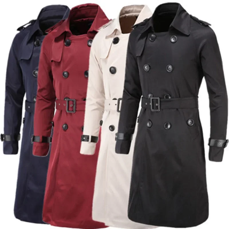 Schinteon Men Trenchcoat British Style Classic Trench Coat Jacket Double Breasted Long Slim Outwear Adjustable Leather Belt