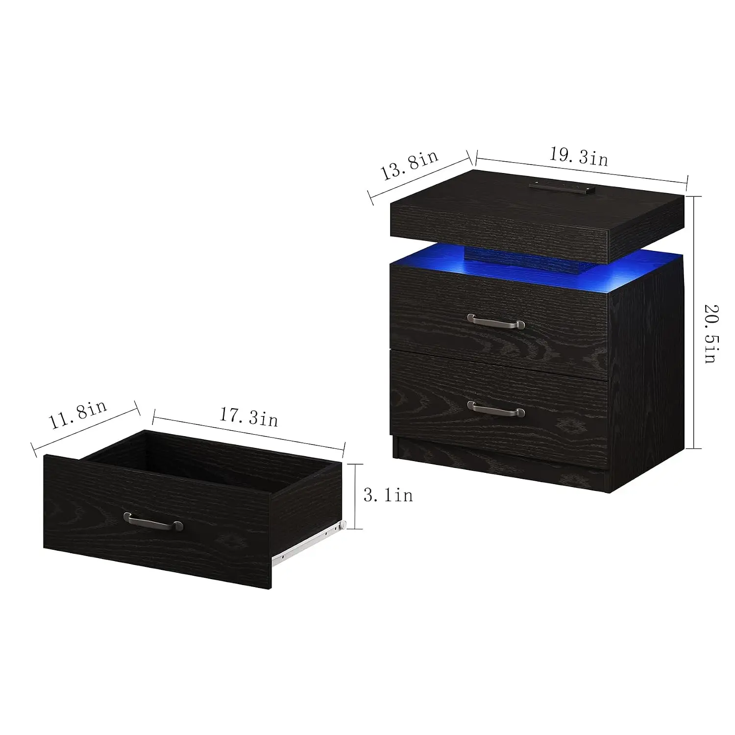 Nightstand with Charging Station & LED Lights, 2-Drawer Bedside End Table for Bedroom & Living Room, Customized
