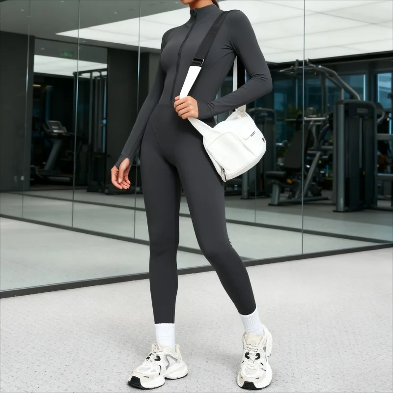 

Women's Slim Yoga Suit with Fleece Stand Up Collar Semi Zip Jumpsuit Outdoor Warm Sports Running and Fitness Suit