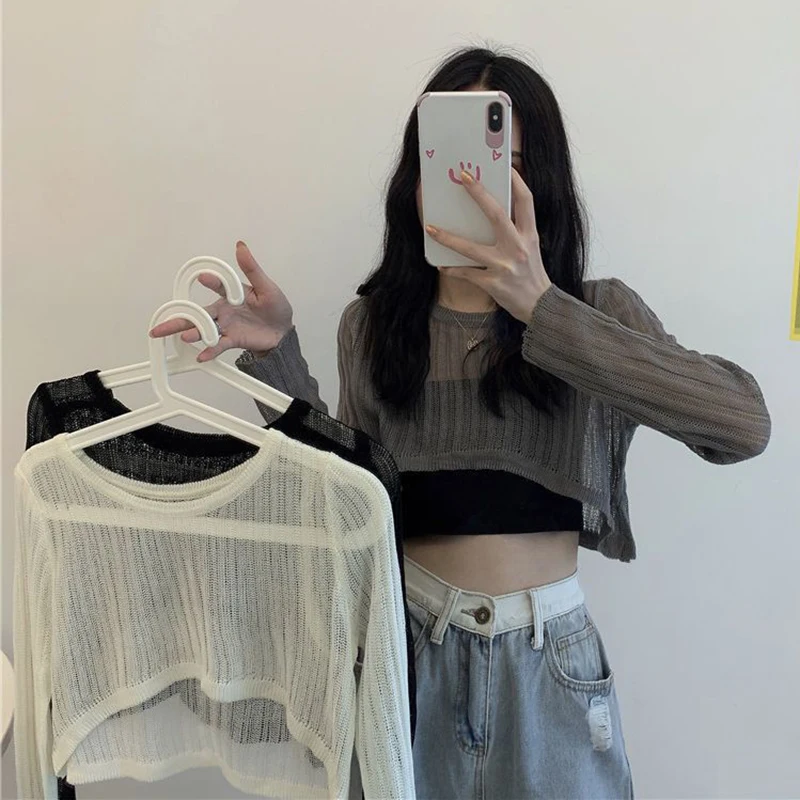 Hollow Out T Shirts Women Korean O Neck Loose Sunscreen Fashion All Match Tees Summer Long Sleeve Solid Thin Crop Tops