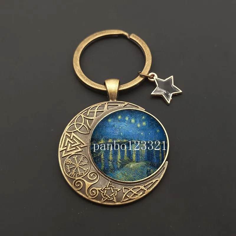 Van Gogh Art Master Oil Painting Keychain Art Glass Cabochon Jewelry Starry Night Sky Sunflower Pendant Ladies Lover Girl Gift