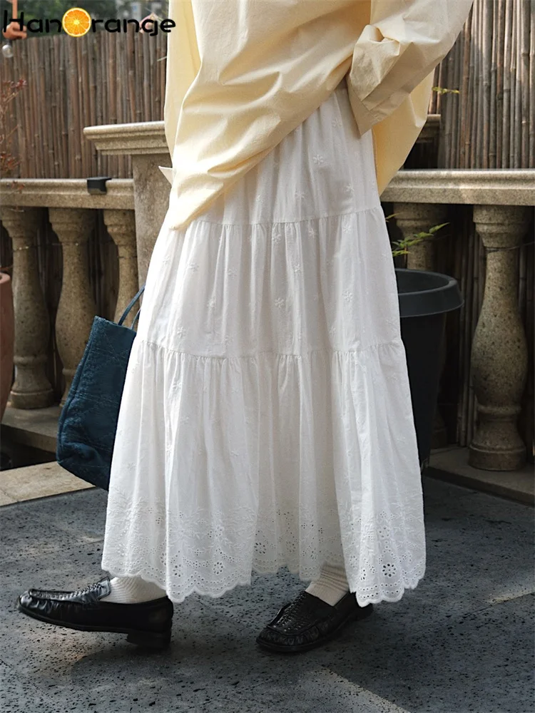 HanOrange 2026 Spring Bohemian Romantic Ruffled Cutout Midi Skirt Elastic Waist Loose Skirt White