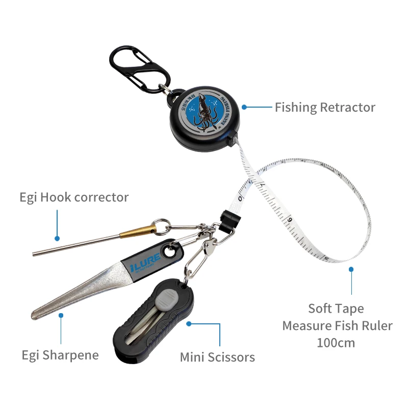 Mini Fishing Hook Sharpener Telescopic Fish Ruler Squid Jig Lure Corrector Octopus Egi Bait Accessories Kit with Scissors
