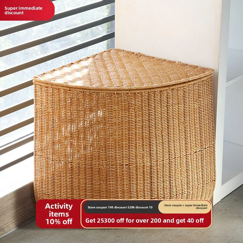 

Woven Fan-Shaped Laundry Basket, Country Style Triangular Lidded Storage Box, Bathroom Corner Organizer, Miscellaneous Basket