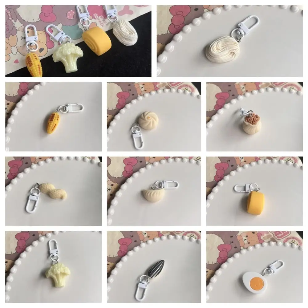 Llavero de comida simulada estilo coreano: Panecillo relleno al vapor, huevos, fideos, desayuno chino, maíz. Bonito colgante de comida.