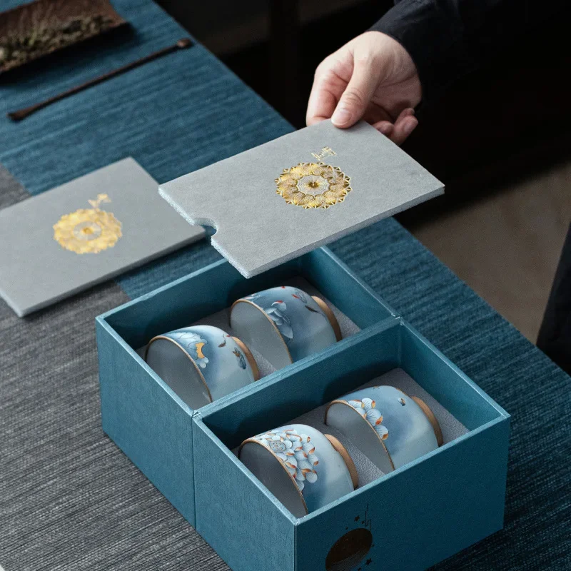 Rui He Ceramic Cup 4 Cup Gift Box Kung Fu Tea  Fragrance-Smelling  Single Master  Bubble  Ceremonial