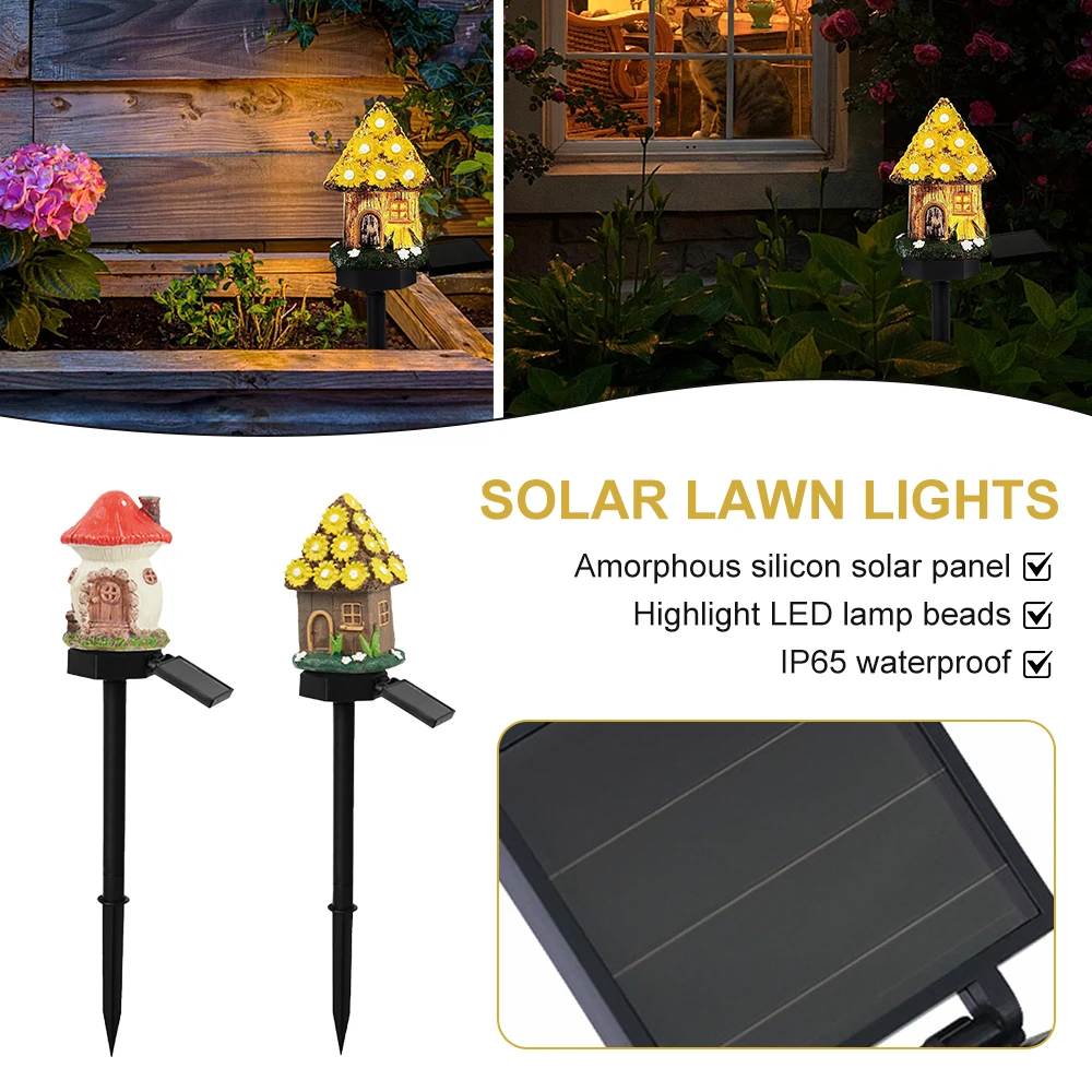 

Creative Solar Resin Mushroom House Light Waterproof Small House Led Floor Plug Light For Outdoor Garden Lawn Decoration